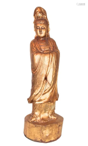 CARVED WOODEN FIGURE OF GUANYIN