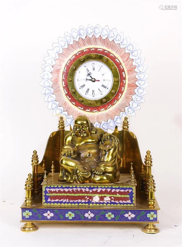 CLOISONNE AND BRASS CLOCK WITH HAPPY BUDDHA