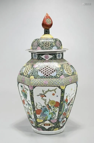 TALL CHINESE ENAMELED PORCELAIN HEXAGONAL VASE