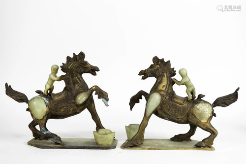 PAIR OF CHINESE HORSE FIGURES WITH JADE INLAYS