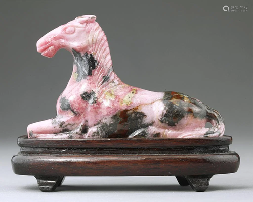 ANTIQUE CHINESE CARVED PINK MARBLE RECUMBENT HORSE