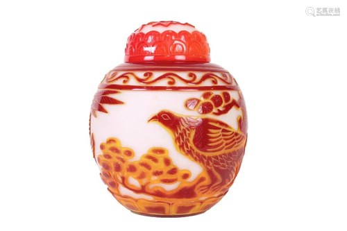 WHITE PEKING GLASS JAR WITH RED OVERLAY