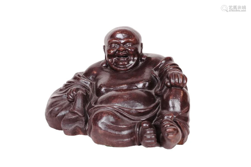 CHINESE CARVED WOODEN FIGURE OF A HAPPY BUDDHA