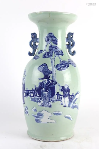 CHINESE CELADON AND BLUE ROULEAU VASE