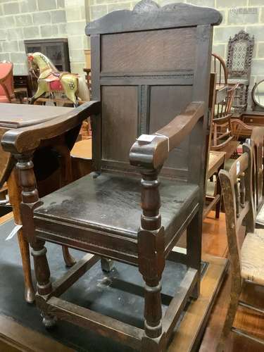 A 17th century style oak wainscot chair, width 48cm, depth 5...