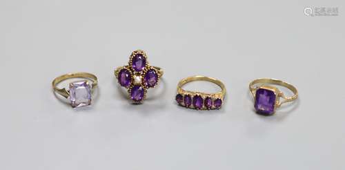 Three assorted 9ct and amethyst set dress rings, including a...