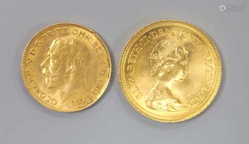 An Elizabeth II 1974 gold sovereign and a George V 1912 gold...