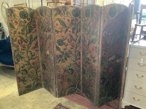 A Spanish leather folding six panel draught screen, with emb...