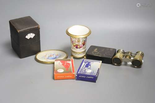 A group of curios including a card box, opera glasses, a pap...