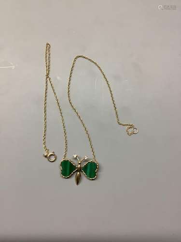 A modern 9ct gold malachite and diamond set butterfly pendan...