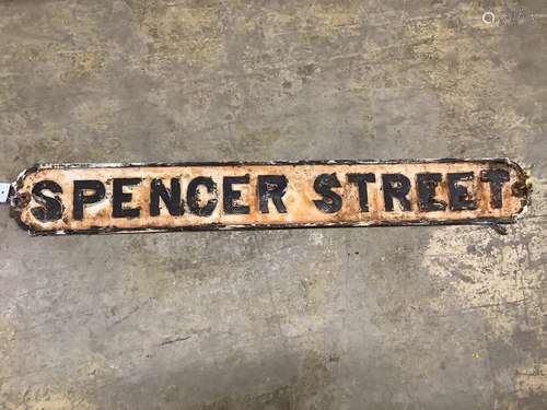 A vintage cast iron street sign for Spencer Street, 98 x 13c...