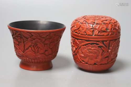 A Japanese red lacquer natsume, 7cm high, and matching tea c...