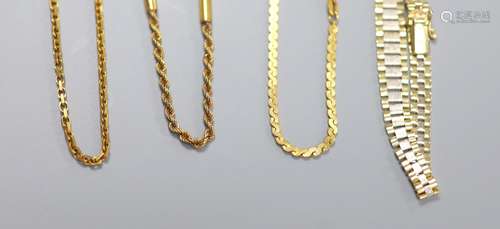 Three assorted modern 9ct gold chains including ropetwist, l...