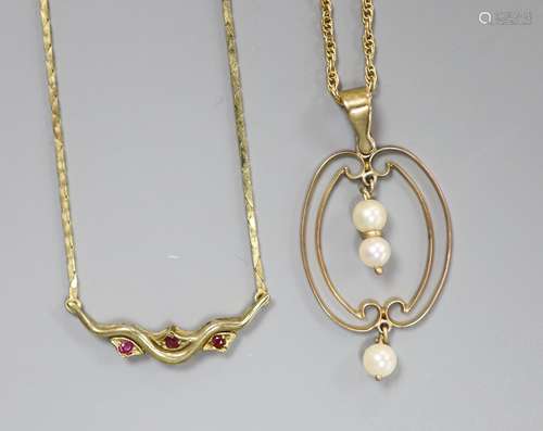 Two modern 9ct and gem set necklaces, one with 9ct cultured ...