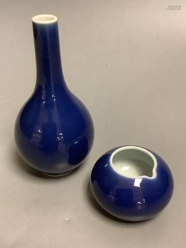 A Chinese blue glazed bottle vase, height 13.5cm, and a wate...