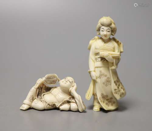 A Japanese ivory figure of a bijin and an ivory netsuke of H...