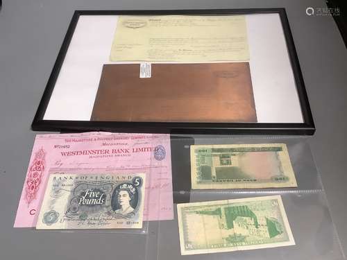 A group of bank notes and a copper plate for Framjee Sands &...