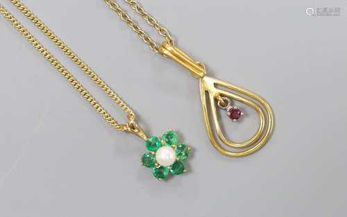 Two modern 9ct gold and gem set pendants on 9ct chains, incl...