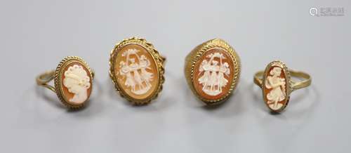 Four assorted modern 9ct and cameo shell dress rings includi...