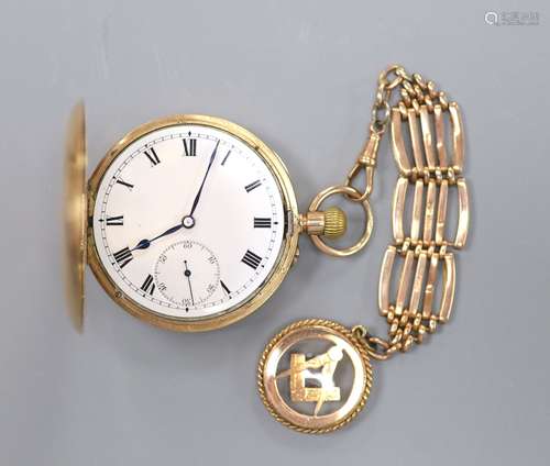 A 20th century 9ct gold hunter keyless pocket watch, on a 9c...