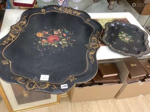 A Victorian papier mache shaped tray with painted floral pan...