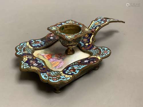 A 19th century French champleve enamel and porcelain chamber...