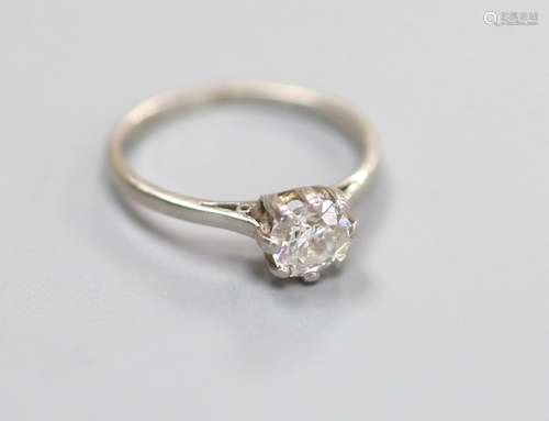 A white metal (stamped plat) and solitaire diamond ring,size...