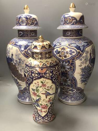 A pair of modern Chinese style lidded vases and a modern Can...