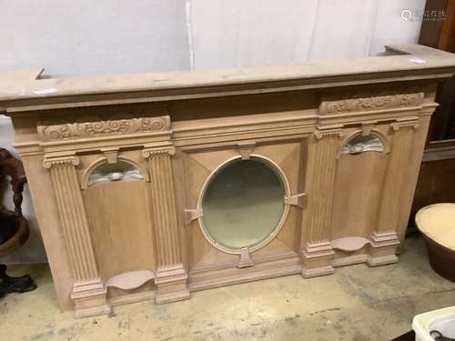 A pine overmantel mirror, length 208cm, width 46cm, height 1...