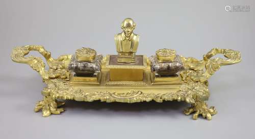 A Victorian ormolu ink stand, width 17.5in. depth 9in. heigh...