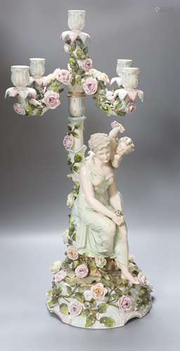 A large 19th century Sitzendorf porcelain figural candelabru...