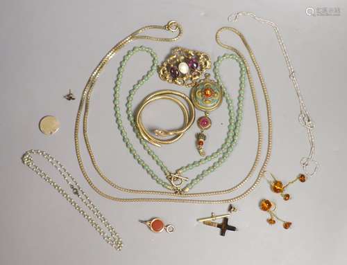 Mixed jewellery including a 9ct gold serpent bangle(a.f.) a ...