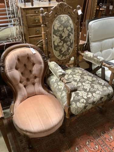 A Victorian mahogany buttonback nursing chair and a carved o...