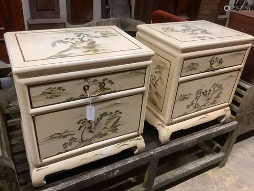 A pair of painted Chinese style bedside cabinets, width 56cm...