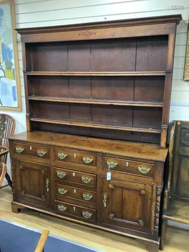 A late 18th century oak dresser, length 166cm, depth 45cm, h...