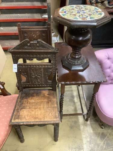 A Victorian Aesthetic movement carved oak hall seat, another...