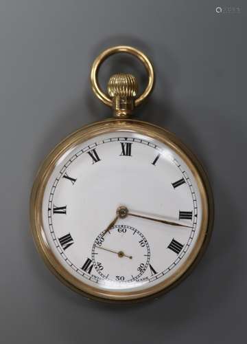 A 1920's 9ct gold open face keyless pocket watch,case diamet...