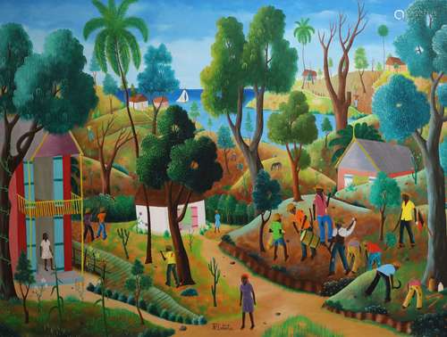 Philton Latortue (Haitian, b.1944)Coastal village with figur...