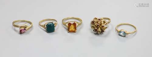 Five assorted modern 9ct gold and gem set dress rings, inclu...