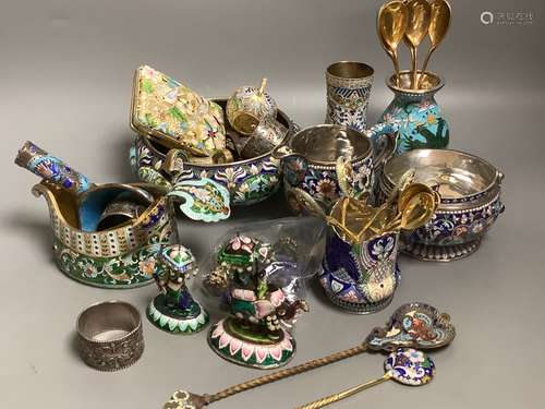 A quantity of enamelled metalware in Russian style