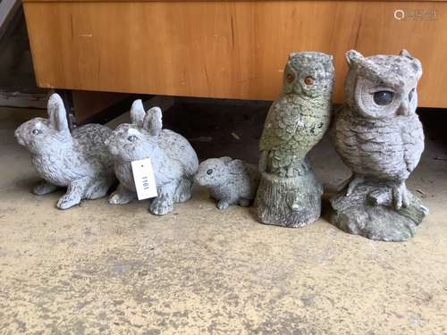 Five reconstituted stone garden animal ornaments, largest 30...