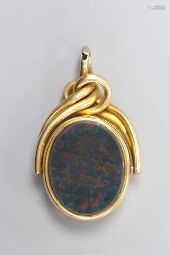 A yellow metal, bloodstone and sardonyx set swivelling fob s...