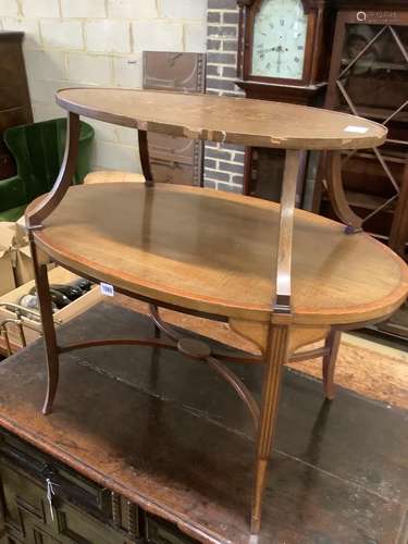 An Edwardian inlaid mahogany two tier etagere, width 89cm