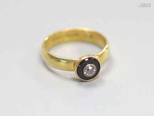 A modern 19th century style 18ct gold, black onyx and diamon...