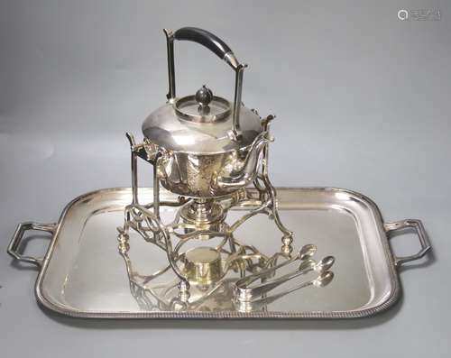 Sundry plated wares including a spirit kettle, stand and bur...