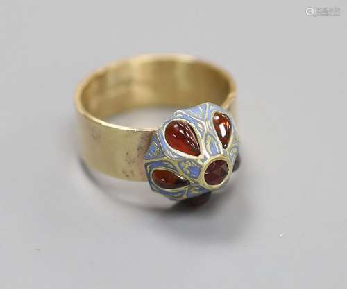 A modern 9ct gold, six stone garnet and enamel set domed top...