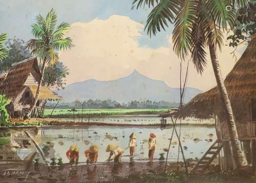 Abu Bakar Ibrahim (1925-1977), watercolour, Rice planters, s...