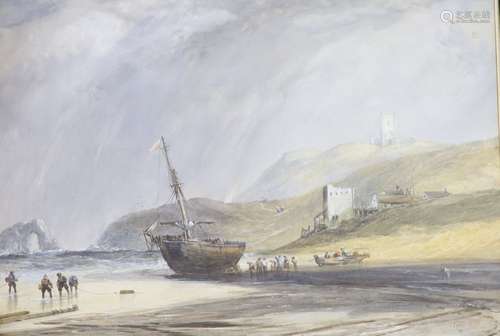 Copley Fielding (1787-1855), watercolour, Beached ship and f...