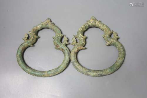 A pair of Cambodian bronze Palanquin handles, Khmer, 12th/13...