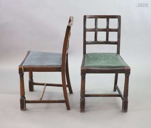 A set of twelve stained beech and oak dining chairs, with cr...